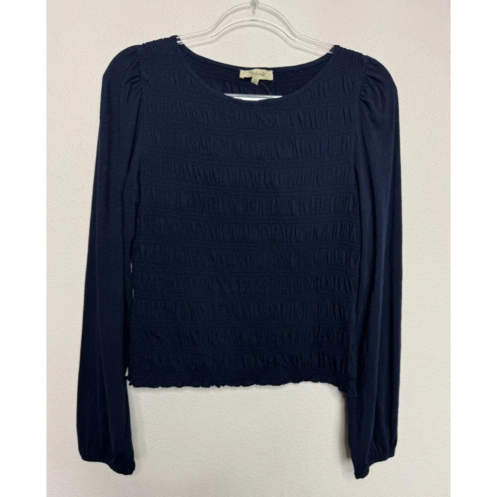Madewell Large Smocked Boatneck Top Midnight Navy Cotton Puff Sleeves Ruffle NWT